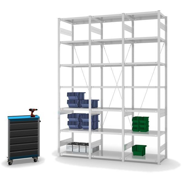 hofe Fachboden-Grundregal, 3000x500x750 mm, 7 Fachebenen, RAL 7035, 140 kg Fachlast, 1700 kg Feldlast, einseitige Bedienung, HKG30507XL