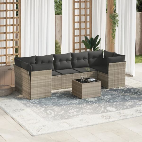 vidaXL 8-tlg. Garten-Sofagarnitur mit Kissen Hellgrau Poly Rattan, 3217292