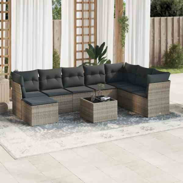 vidaXL 9-tlg. Garten-Sofagarnitur mit Kissen Grau Poly Rattan, UV-beständig, 3249899