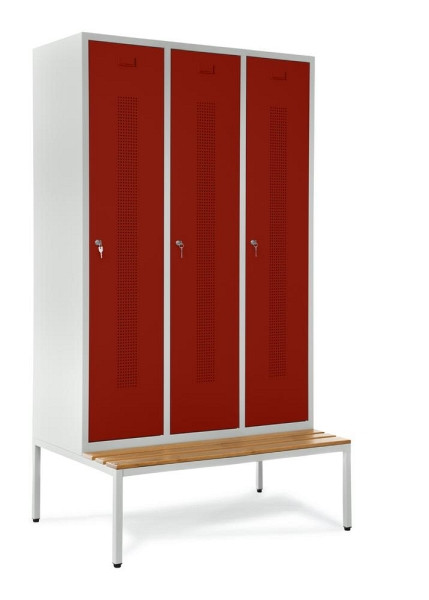 Deskin Garderobenspind SYSTEM SP1 mit Sitzbank, Korpus Lichtgrau, Türen Rubinrot, H 2050 x B 1185 x T 800 mm, Zylinderschloss, 330813