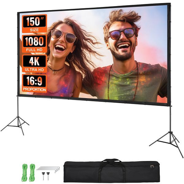 VEVOR Projektion Beamer Leinwand mit Ständer 150 Zoll HD 4K Outdoor Indoor Schnelles Klappbare Tragbare 16:9 für Heimkino, Camping, TYPM20ZJSLJ18YCEZV0