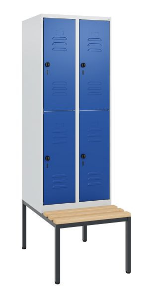 C+P Doppelstöckiger Spind Classic PLUS, 2 Abteile, 1950x600x815mm, 7035/5010, Drehriegel, Buche-Sitzleisten, mit untergebauter Sitzbank, 0803505-20 S10003