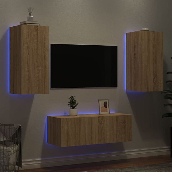 vidaXL 4-teilig Wohnwand mit LED-Beleuchtung Sonoma-Eiche Holzwerkstoff, 3216806