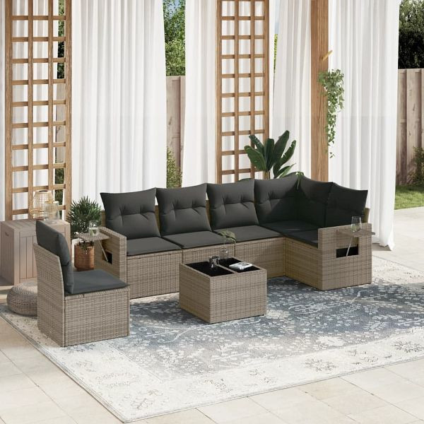 vidaXL 7-teilig Garten-Sofagarnitur mit Kissen Grau Poly Rattan, 3252577