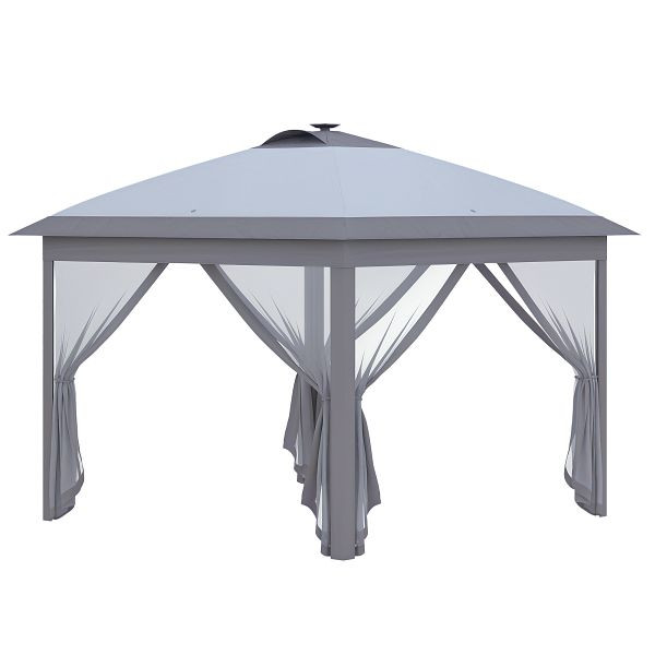Outsunny 3,3 x 3,3 m Faltpavillon mit LED-Beleuchtung, Meshvorhänge, Tragetasche, Grau, 84C-302V01GY
