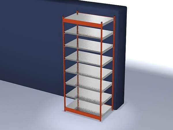 hofe Fachboden-Grundregal, 3000x800x1300 mm, 7 Fachebenen, verzinkt / RAL 2004, 200 kg Fachlast, 2000 kg Feldlast, einseitige Bedienung, ROG308013ME