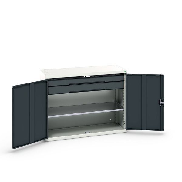 bott verso Flügeltürschrank mit Schubladen, mit 1 Fachboden und 2 Schubladen, BxTxH: 1300 x 550 x 1000 mm, Lichtgrau / Anthrazitgrau, 16926605.19