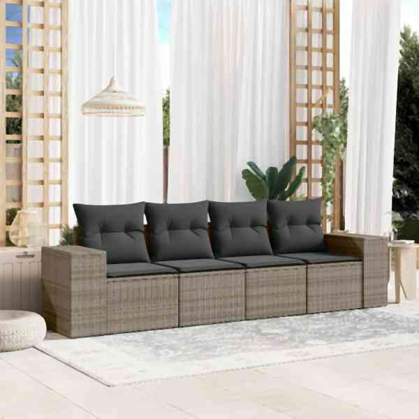 vidaXL 4-tlg. Garten-Sofagarnitur mit Kissen Grau Poly Rattan, UV-beständig, 3254617