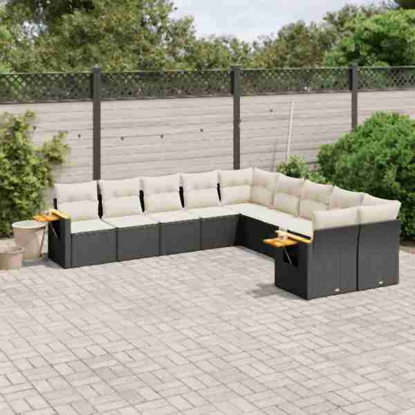 vidaXL 10-tlg. Garten-Sofagarnitur mit Kissen Schwarz Poly Rattan, UV-beständig, 3227190