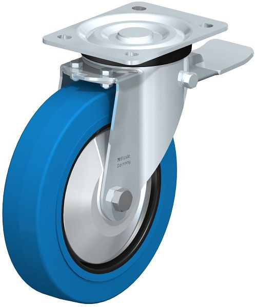 Blickle L-POEV 200K-ST-SB-FA Stahlblech-Lenkrolle, mittelschwere Ausführung, mit Anschraubplatte & Feststeller, Elastik-Vollgummi, Blau, 749374
