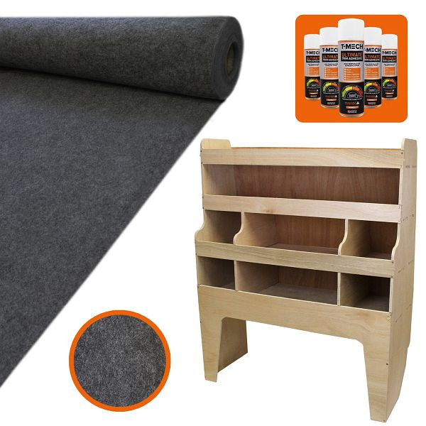 T-Mech 11qm Anthrazit Teppich-Verkleidung Super Stretch mit Kleber & VW Transporter Regalsystem, 26296