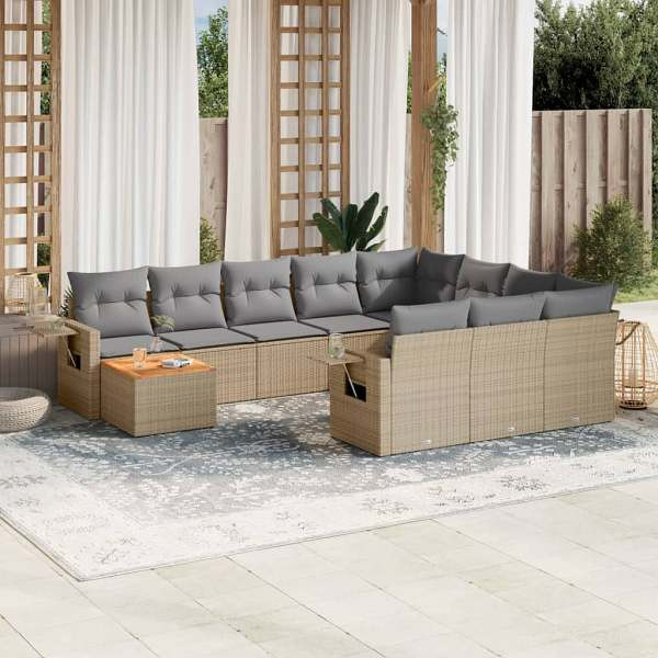 vidaXL 11-tlg. Garten-Sofagarnitur mit Kissen Beige Poly Rattan, UV-beständig, 3257081
