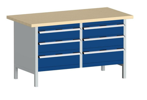 bott cubio Kastenwerkbank mit 6 Schubladen Multiplex-Arbeitsplatte BxTxH: 1500 x 750 x 840 mm, RAL 7035/5010, 41002031.11V