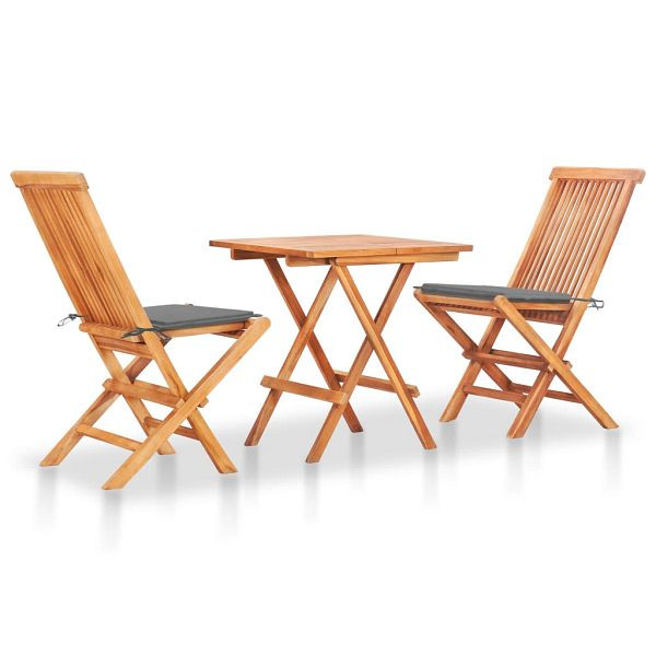 vidaXL 3-teilig Bistroset mit Grauen Kissen Massivholz Teak, 3063226