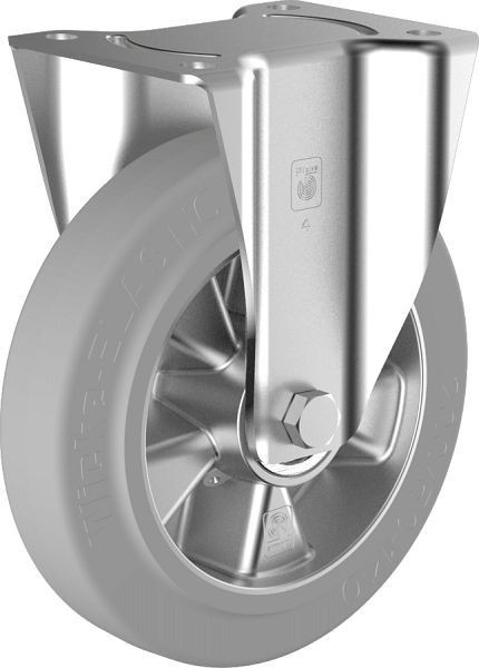 Wicke Schwerlast-Bockrolle mit grauem, nichtkreidenden Wicke-ELASTIC® Reifen auf hochwertiger Druckgussaluminiumfelge, WE B 4/200/50K, 115867