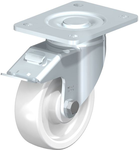 Blickle LH-SPO 125G-3-FI Stahlblech-Lenkrolle, Schwerlast-Ausführung, mit Anschraubplatte & Feststeller, Polyamid, Weiß, 633768