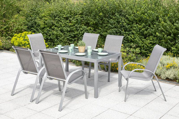 Merxx Amalfi Set 7-teilig, 6 Amalfi Stapelsessel, 1 Tisch 150 x 90 cm, graue Glasplatte, silber/diamantbraun, 50343-330