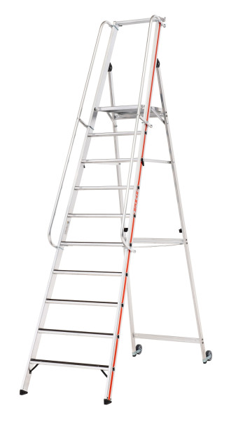 HYMER Plattformleiter R13 mit Kipprollen und langem Handlauf, 10 Stufen, Standhöhe 2,35 m, 868110