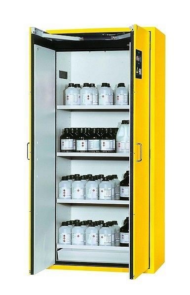 asecos Sicherheitsschrank S-CLASSIC-90, S90.196.090.WDAS in sicherheitsgelb RAL 1004 mit 4x Fachboden (Stahlblech), 30205-002-30211