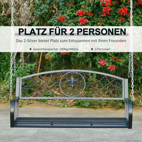Outsunny Hängebank 2-Sitzer Gartenschaukel Schaukelbank mit Ketten Schwarz 132 x 63 x 58 cm, 84A-098