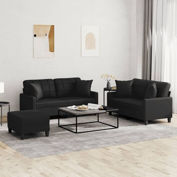 vidaXL 3-teilig Sofagarnitur mit Kissen Schwarz Kunstleder, 3201373