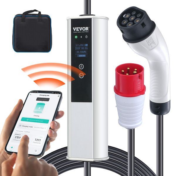VEVOR Typ2 EV Ladekabel 16A 3,68kW (einphasig)/11kW (dreiphasig) Elektroauto Ladegerät IP66 Wallbox 7,5m 4 Stufen der Stromanpassung, OGBXC11KWWIFIVDUMV2