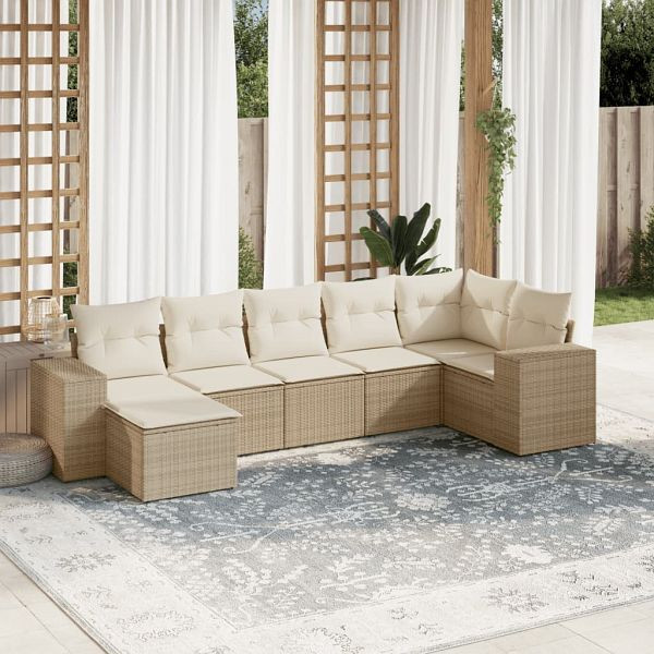 vidaXL 7-tlg. Garten-Sofagarnitur mit Kissen Beige Poly Rattan, 3255215