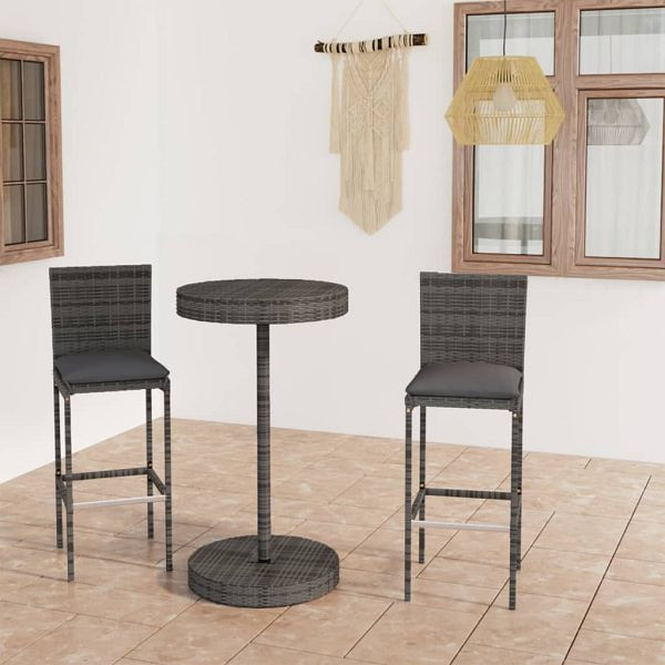 vidaXL 3-teilig Gartenbar-Set mit Kissen Poly Rattan Grau, 3064765