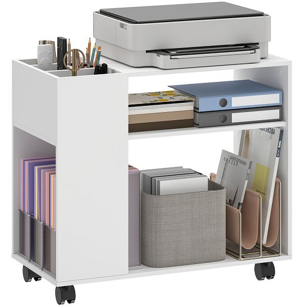 HOMCOM Druckerständer Druckertisch mit Unterteiltem Fach, Ablageflächen für Büro 70 x 34 x 60 cm Weiß, 838-608V90WT