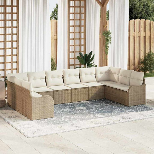 vidaXL Garten-Sofa-Set mit Kissen, 10er Set, Beige und Weiß Poly Rattan, 3354550