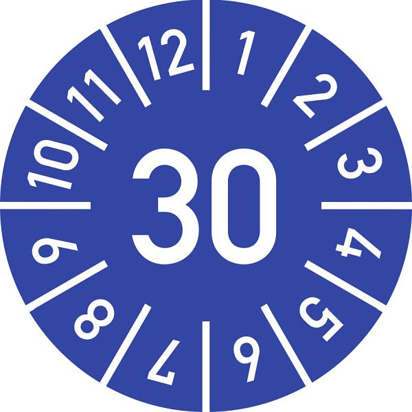 Moedel Prüfplakette Jahr 30 mit Monaten, blau, Dokumentenfolie, Ø 10 mm, VE: 10 Stück/Bogen, 106458