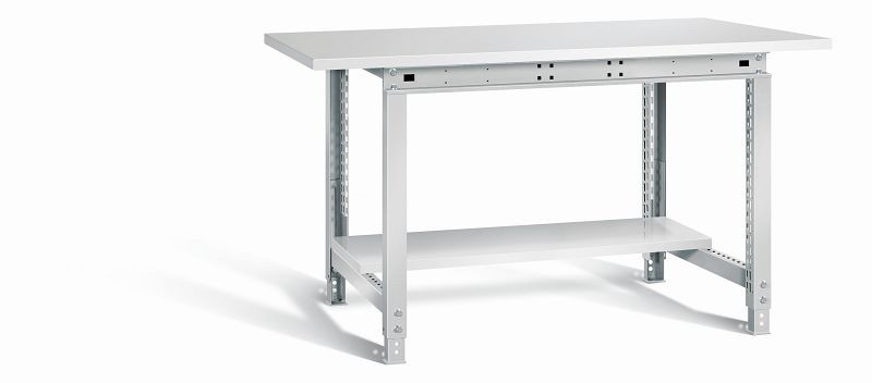 Otto Kind Werktisch allrounder, höhenverstellbar, Melamin-Platte 28 mm, überstehend, 2 Fußgestelle, Stahlblechboden, komplett RAL 7035, 072334017