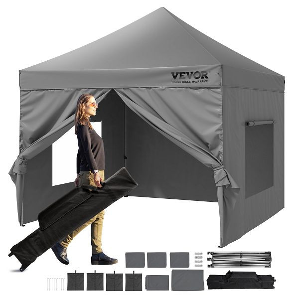 VEVOR Pavillon 304,8x304,8x320cm 500D PU-Silber-Gewebe höhenverstellbar inkl. Aufbewahrungstasche 6-8 Personen für Campingausflug, DCSYPSH1010FTAFO2V0