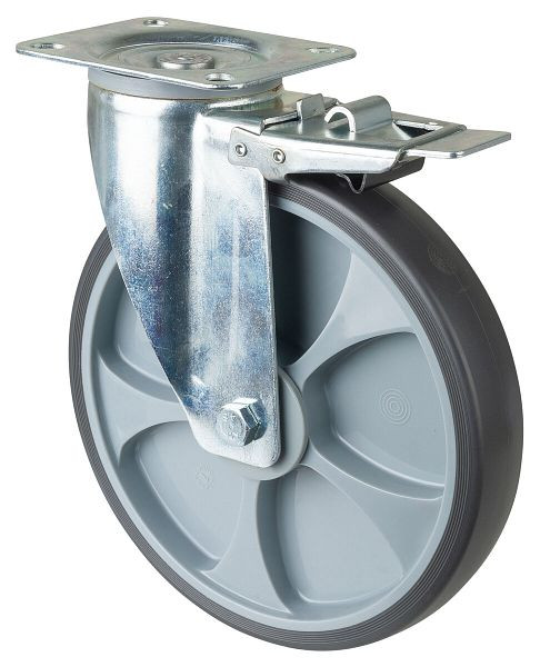 BS Rollen Transportrolle mit Feststeller, Breite 45 mm, Ø250 mm, bis 300 kg, Reifen thermoplastisch grau, Kunststoff, Kugellager, Platte, L420.A85.250