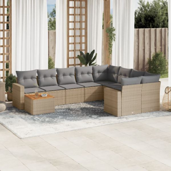 vidaXL 10-tlg. Garten-Sofagarnitur mit Kissen Beige Poly Rattan, 3256619