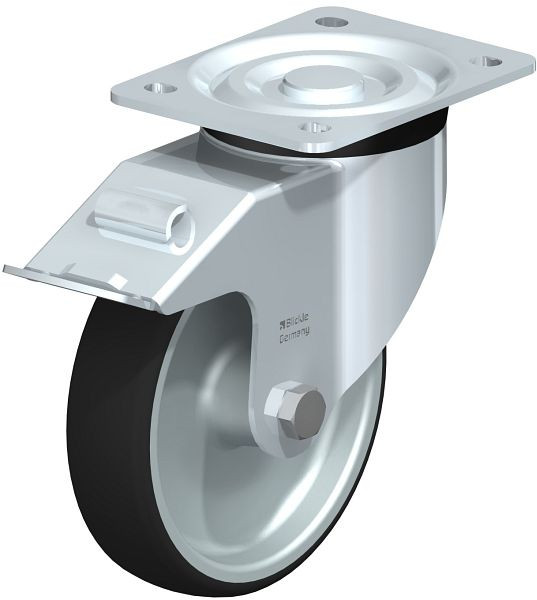 Blickle L-PATH 160G-FI Stahlblech-Lenkrolle, mittelschwere Ausführung, mit Anschraubplatte & Feststeller, Thermoplastisches Polyurethan, Grau, 760078