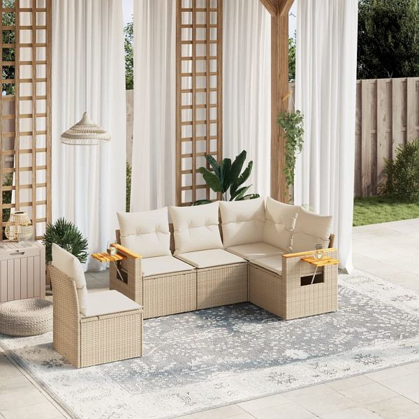 vidaXL 5-teilig Garten-Sofagarnitur mit Kissen Beige Poly Rattan, 3226814