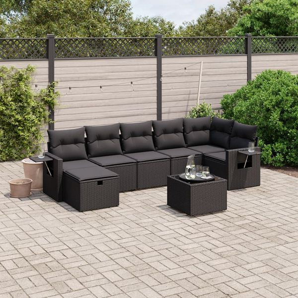 vidaXL 8-tlg. Garten-Sofagarnitur mit Kissen Schwarz Poly Rattan, 3263821