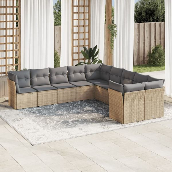 vidaXL 10-teilig Garten-Sofagarnitur mit Kissen Beige Poly Rattan, 3250078