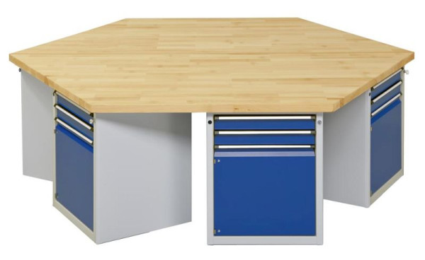 ANKE Werkbänke 6-Eck-Gruppenwerkbank; 6 Arbeitsplätze; 2340x2700x900 mm; RAL 7035/5010; Buche-Massiv-Platte 50 mm; Kantenlänge 1350 mm, 440.504