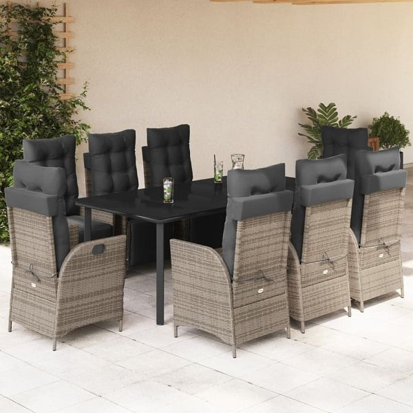 vidaXL 9-teilig Garten-Essgruppe mit Kissen Grau Poly Rattan, 3213433