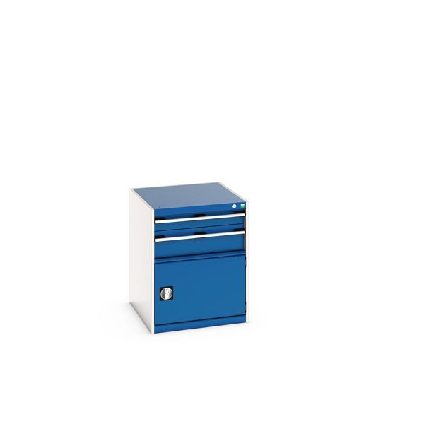 bott cubio Schubladenschrank bestückt, mit 2 Schubladen, Tür, BxTxH: 650x750x800mm, RAL 7035/5010, Enzianblau, 40027011.11V