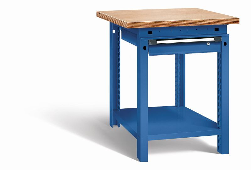 Otto Kind Werkbank Serie function Typ 103, Multiplexplatte 40 mm, überstehend, 1Schublade 120 mm, komplett RAL 5010, 072320213