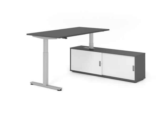 Hammerbacher Schreibtisch XMST16, 160x80cm, Platte: Graphit, T-Fuß Gestell Silber, Höhe: 71 - 120 cm, Graphit / Weiß, VXMST16SB/G/S/G/W