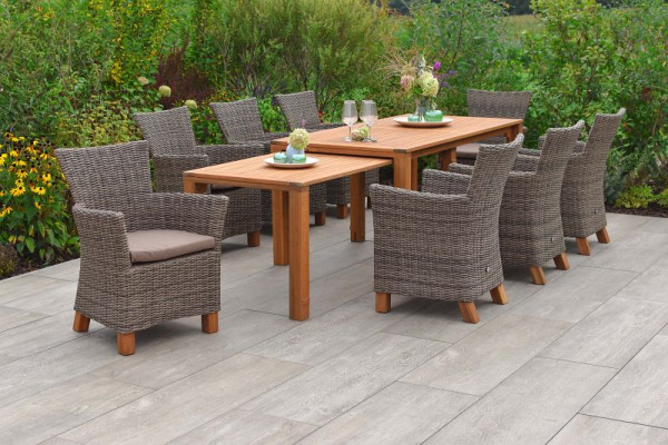 Merxx Toskana Set 9-teilig, 8 Toskana Sessel, inkl. Auflagen, Beine aus Akazienholz, 1 Flex Ausziehtisch, 185/370 x 90/73 cm, Akazienholz, natur, 50588-211