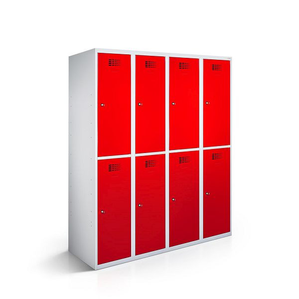 Rotstahl Garderobenschrank, 8 Abteile, Abteilbreite 30 cm, ECO, Stollenfüße, Verkehrsrot, 1210-040200-1202112-7035-3020ECOZYL