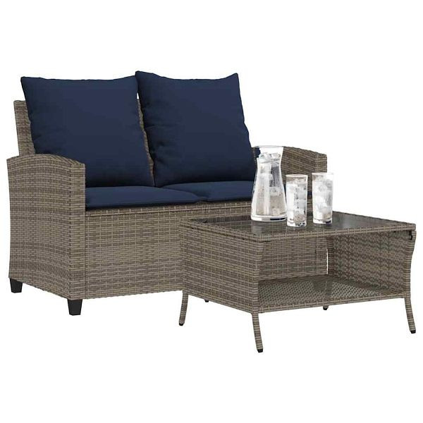 vidaXL Gartensofa 2-Sitzer mit Kissen & Tisch Grau Poly Rattan, 4103852