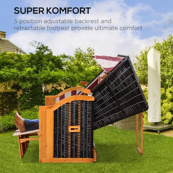 Outsunny Strandkorb Doppelte Sonnenliege mit Dach Klapptisch Rot, 867-059