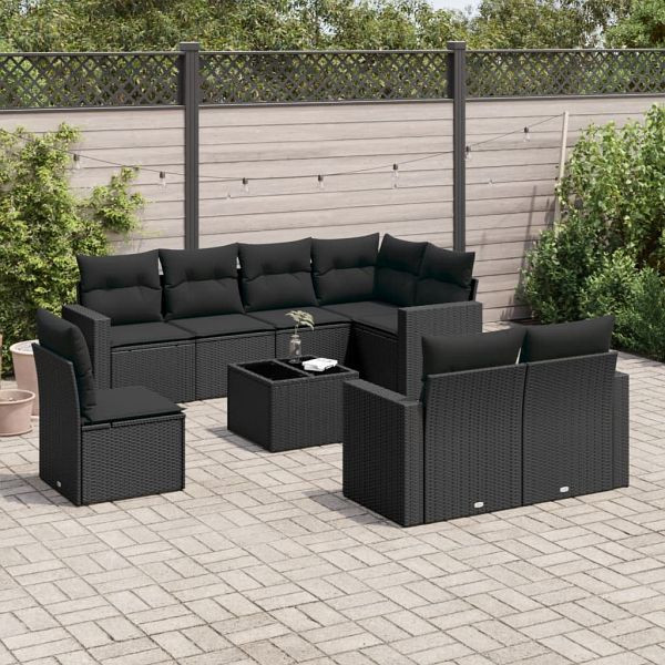 vidaXL 9-teilig Garten-Sofagarnitur mit Kissen Schwarz Poly Rattan, 3219235