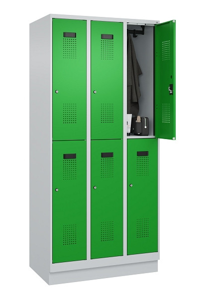 C+P Doppelstöckiger Spind Evolo PLUS, mit Sockel, 6 Fächer, 1950x900x500mm, 7035, Frontfarbe RAL 6037 Reingrün, Zylinderschloss, 049320-30 S10038